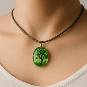 Oval Resin Green Tree Pendant Necklace - 18" Green Cord Fashion Jewelry
